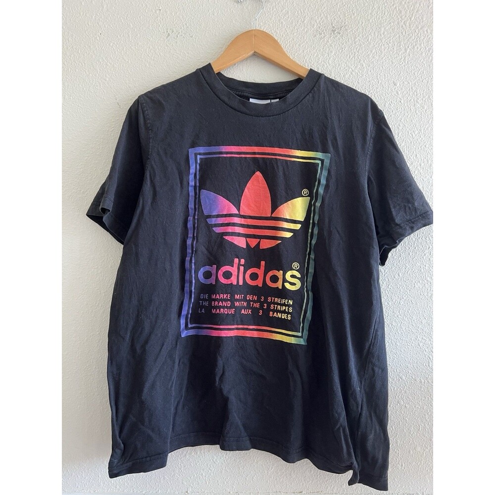 Adidas Originals Mens L Black Rainbow Trefoil Mirror Double Graphic T-Shirt